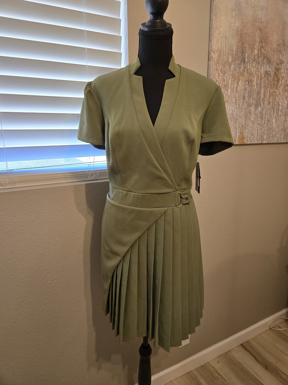 Olive Green Pleated Wrap Dress